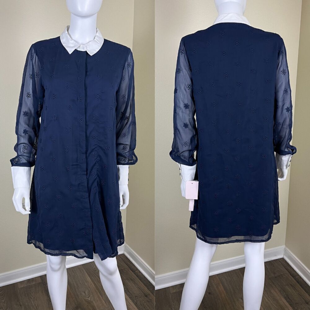 Avec Les Filles Women's Size 10 Blue Eyelet Shirt Shift Mini Dress Preppy Party